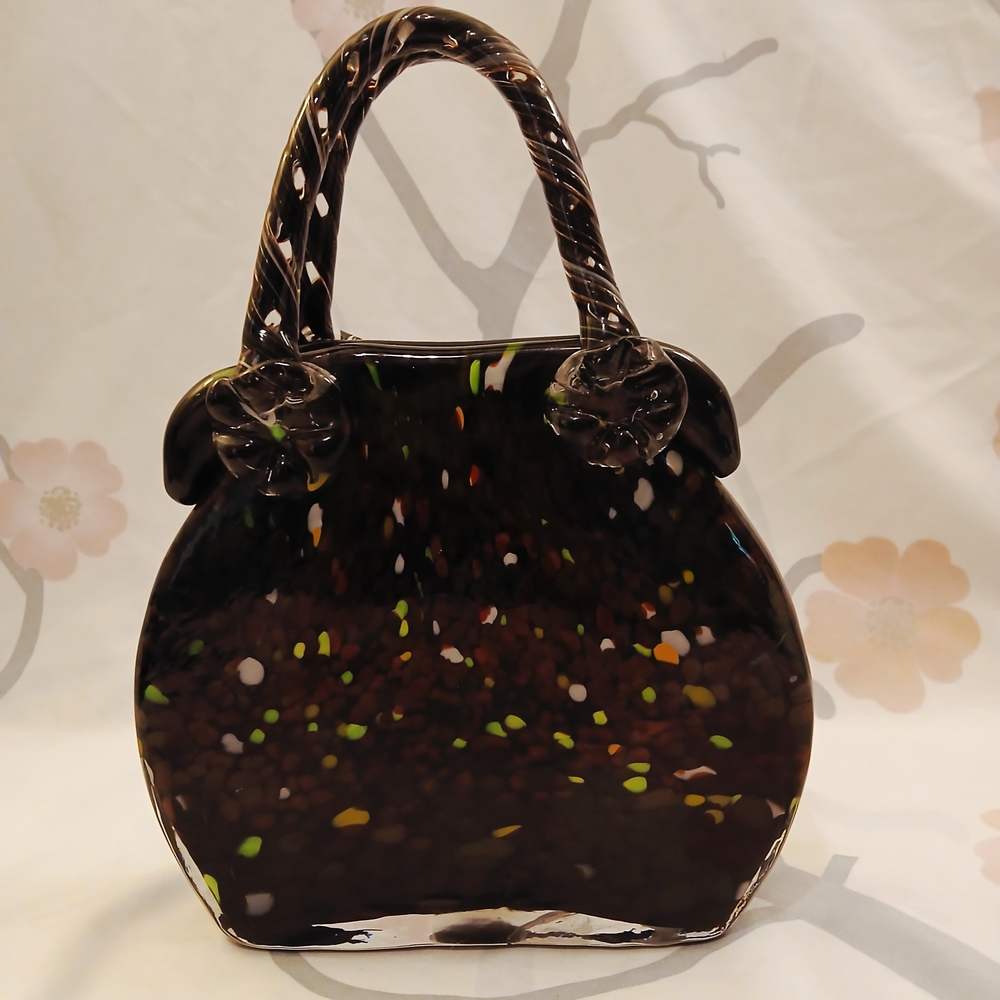 Vintage Art Glass Purse Vase Hand Blown Confetti Black Brown 12.5"